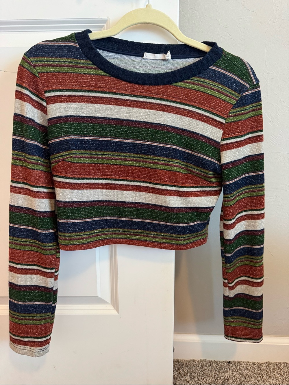 Lush Striped Long Sleeve Crop Top in Rust, Green & Navy